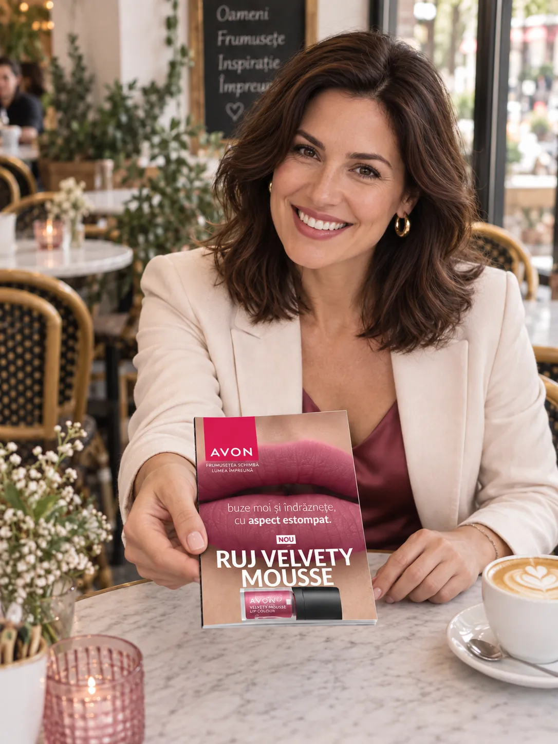 O reprezentantă privește spre tine și îți oferă o broșură Avon la o cafenea