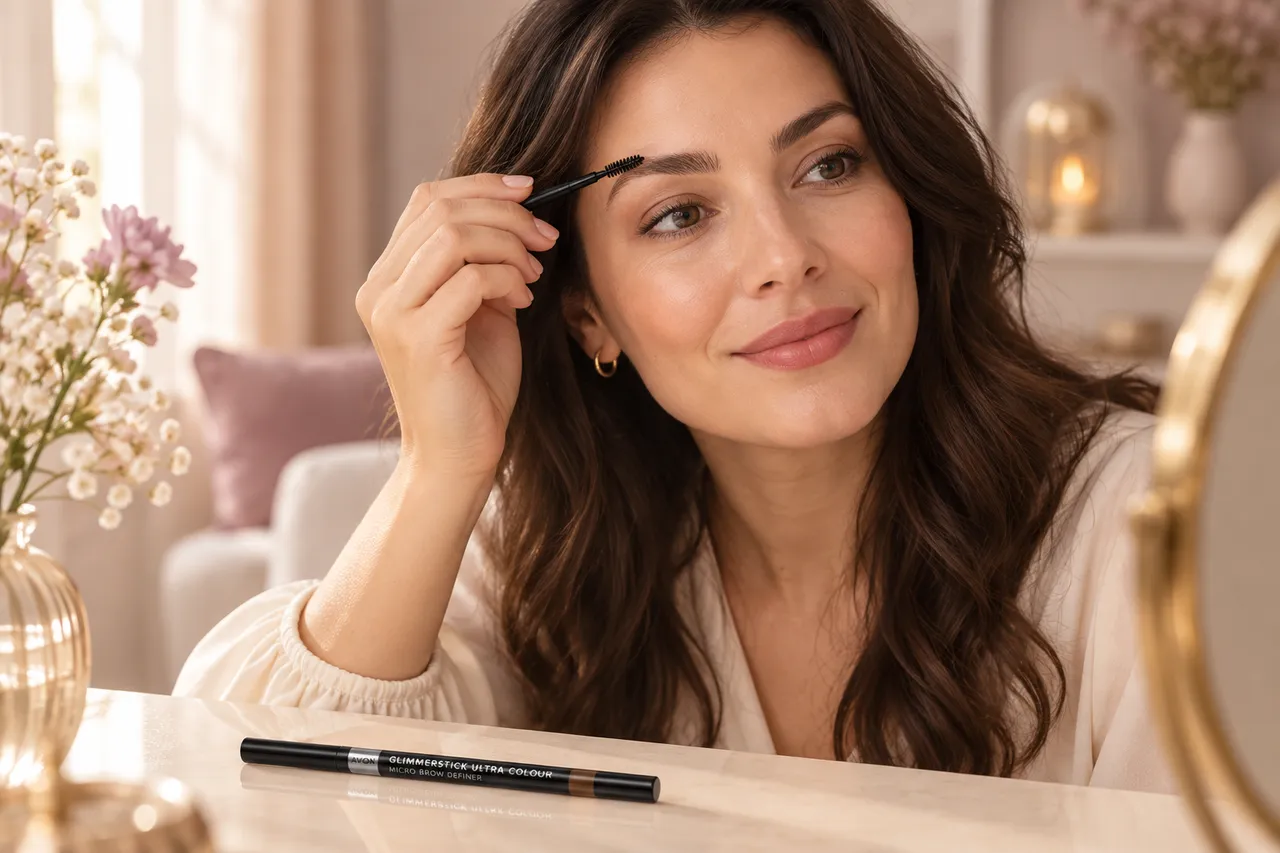 O femeie își periază sprâncenele la oglindă, cu un creion Avon Glimmerstick pe masă.