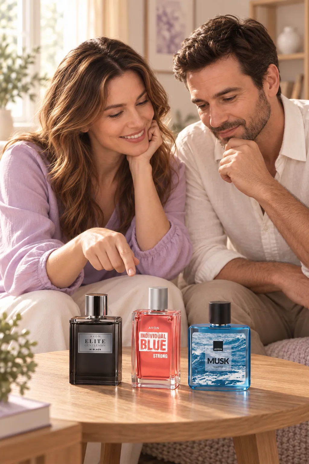 Un cuplu compară Elite Gentleman In Black, Individual Blue Strong și Musk Marine, așezate pe masă.