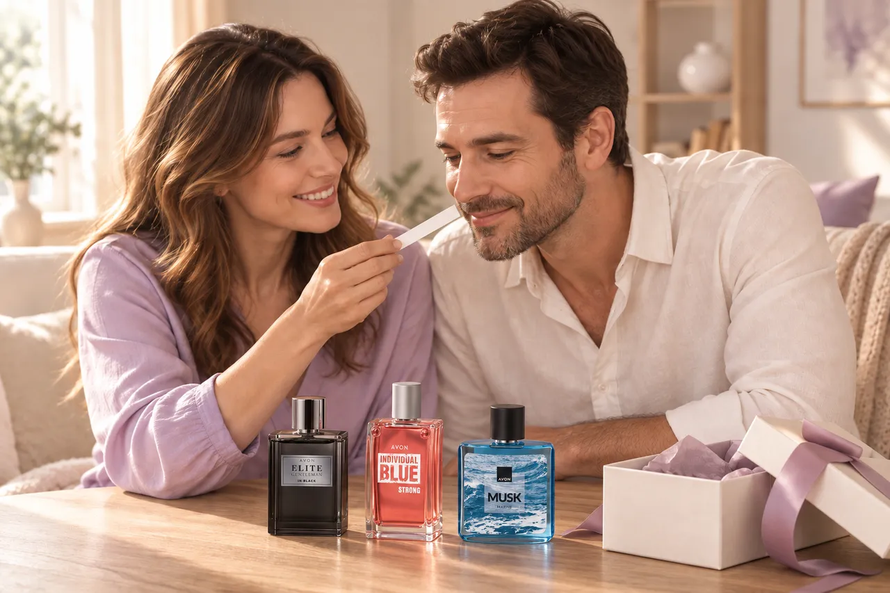 Un cuplu testează un parfum, cu Elite Gentleman In Black, Individual Blue Strong și Musk Marine pe masă, lângă o cutie de cadou.