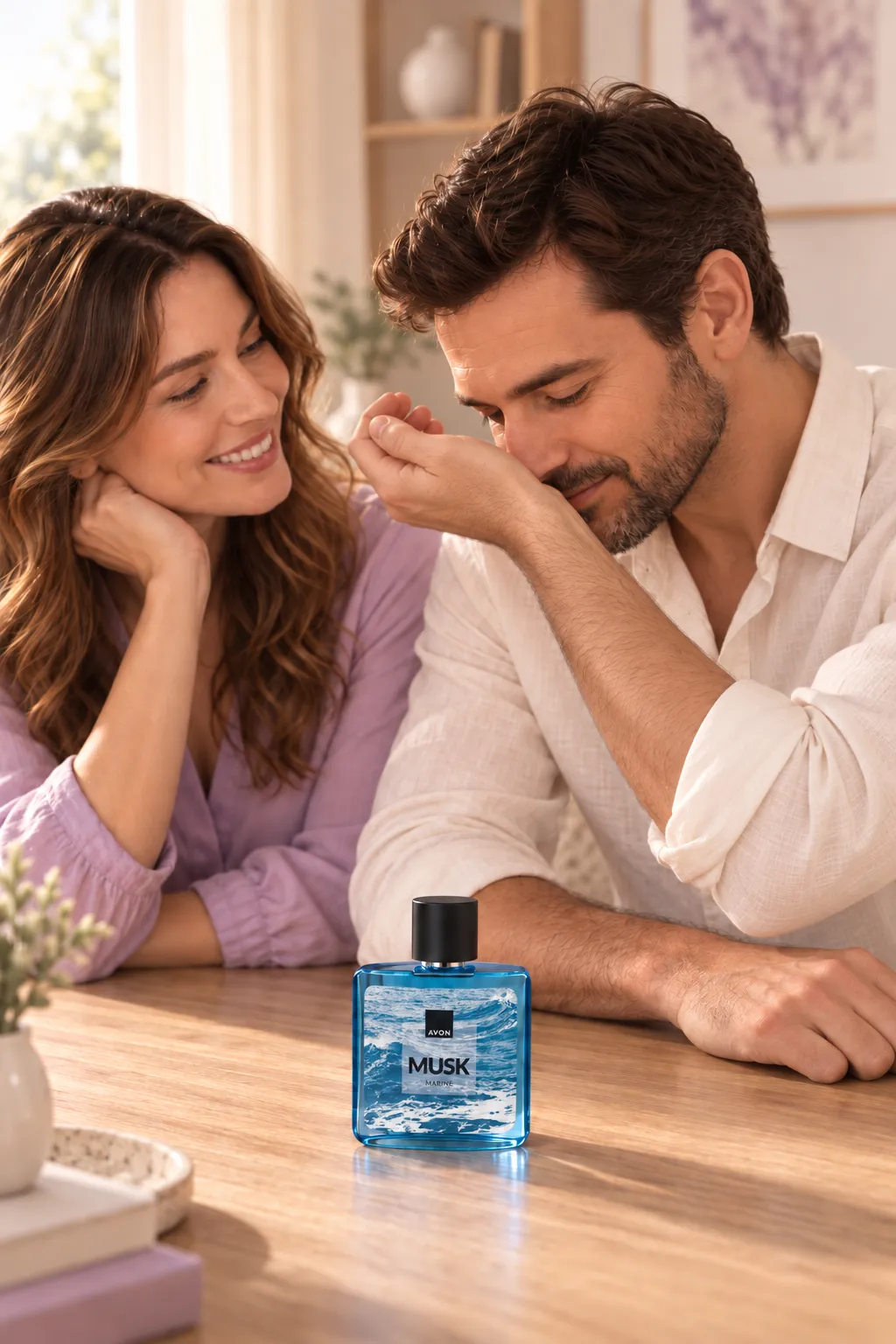 Un bărbat testează parfumul pe încheietură, cu flaconul Avon Musk Marine pe masă.